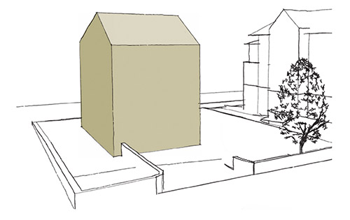 Skizze eines Mehrfamilienhauses mit sanierter Gebäudehülle