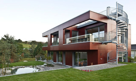 Verre pour façade satiné et peint pour une construction bois Renggli