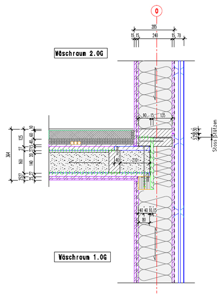 Detailplan eines Anschlusses von Wand und Detail