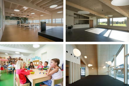 4 Referenzen mit Akustikdecke aus Holz: Medienraum, Kindergarten, Aula, Restaurant