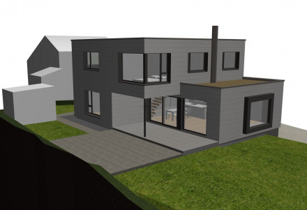 Architekturentwurf in 3D im Zeichnungsprogramm für ein Renggli-Einfamilienhaus mit zwei Geschossen und einem Sitzfenster