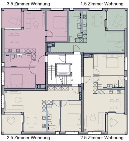 Grundriss mit modularen Wohnungen à 1.5, 2.5 und 3.5-Zimmer