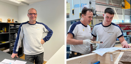 Foto links mit Mitarbeiter im Büro und Foto rechts mit zwei Mitarbeitern im Werk bei einem Wandelement, die über einen Plan diskutieren