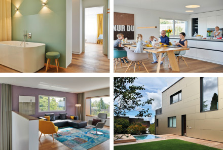 Küche, Wohn- und Badezimmer mit Aussenansicht eines Einfamilienhauses mit Einliegerwohnung in Uitikon-Waldegg