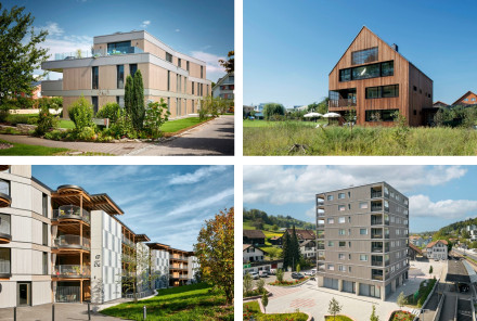 Bildcollage mit vier Mehrfamilienhäusern in Holz in Rheinfelden, Oberkirch, St. Gallen und Rudolfstetten