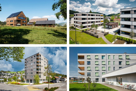 Bildcollage von vier von Renggli entwickelten Immobilienprojekten: Mehrfamilienhaus mit Scheunen in Oberkirch, Alterswohnungen WIA Reiden in Reiden, Wohn- und Geschäftshaus in Rudolfstetten, Bewohnerhaus mit Ateliertrakt in Gümligen