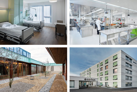 Bildcollage von vier Heim- und Pflegebauten mit Holz: Spitalzimmer, Industrieküche, Innenhof mit Neubau- und Altbau, Aussenaufnahme Bewohnerhaus mit Ateliertrakt