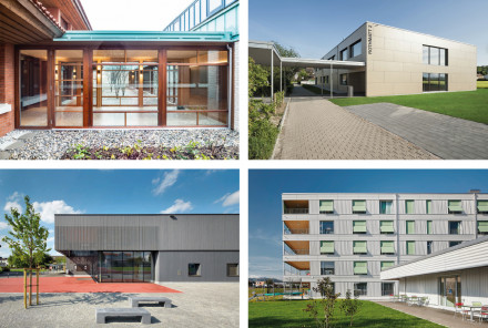 Bildcollage von vier Projekten: Hospiz Zentralschweiz in Luzern, Schulhaus mit Kindergarten in Rothrist, Dreifachturnhalle in Schötz, Bewohnerhaus mit Ateliertrakt Aarhus in Gümligen