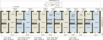 Grundrissvarianten von 2.5 bis 4.5 Zimmer für das R:Modular-Hybridgebäude von Renggli
