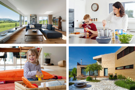 Bildercollage: Wohnzimmer in Einsiedeln, Küche mit Mami und Sohn in Zizers, Mädchen beim Spielen, Gartenansicht in Luzern