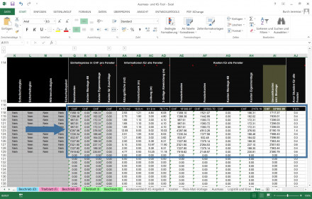 Excel-Datei mit ausgefüllter Tabelle und den markierten neu berechneten Felder für die Kosten