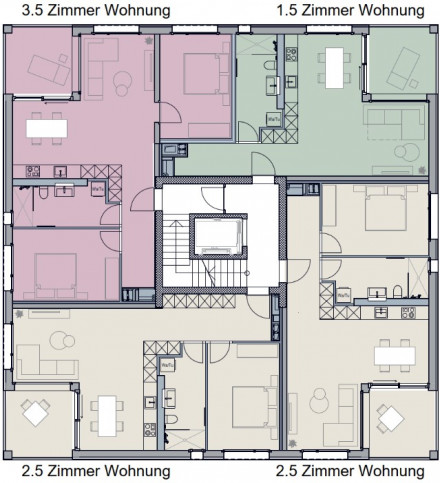 Grundriss mit Treppenhaus und Lift sowie vier Wohnungen à 1 ½, 2 ½ oder 3 ½ Zimmer
