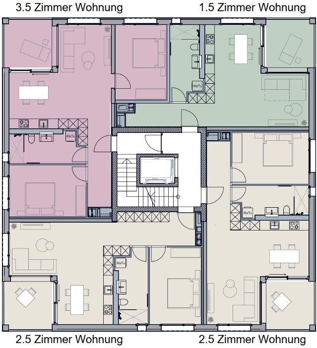 Grundriss mit Treppenhaus und Lift sowie vier Wohnungen à 1 ½, 2 ½ oder 3 ½ Zimmer