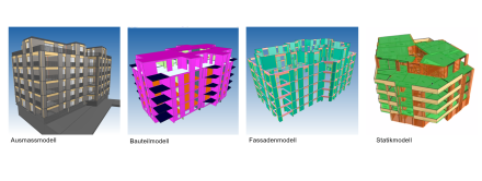 Das Bild zeigt die vier verschiedenen digitalen Arbeitsmodelle: Ausmass-, Bauteil-, Fassaden- und Statikmodell