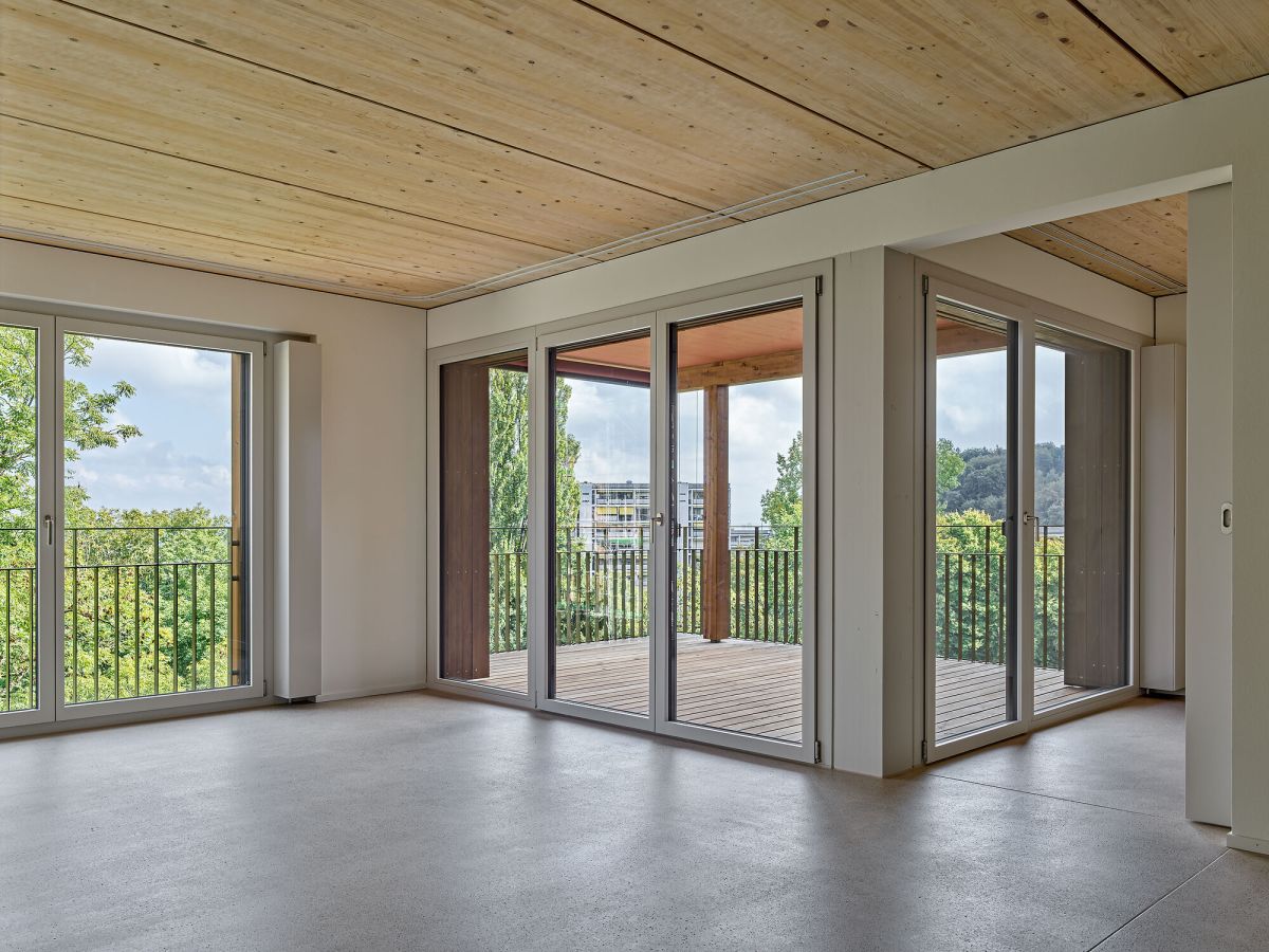 Wohnraum leer mit Blick auf den Balkon, sichtbare Holzdecke
