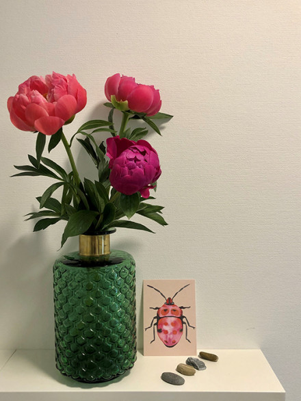 Un vase vert avec trois pivoines roses, une carte avec un coléoptère rose et des pierres de différentes couleurs.