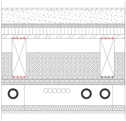 Structure d’un plafond rempli de granulés de calcaire et d’un plafond suspendu destiné aux installations 