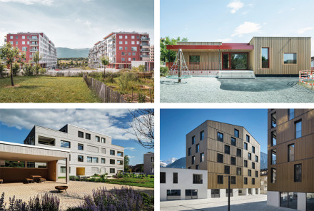 Gamme variée de nos projets de constructions bois: lotissement Les Vergers à Meyrin, crèche Beluga à Uster, lotissement swisswoodhouse à Möriken et grands bâtiments/lotissement Aletsch Campus à Naters.