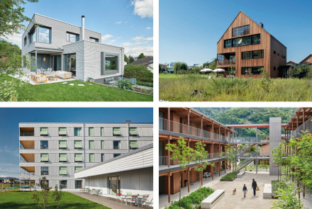 Photomontage: maison individuelle à Tann, immeuble d’habitation à Oberkirch, immeuble d’habitation Aarhus et aile avec atelier à Gümligen, lotissement à Bellinzone