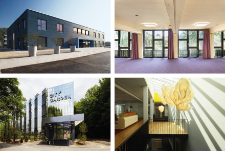 Photomontage présentant quatre immeubles de bureaux et bâtiments commerciaux en bois: immeuble de bureaux Hug à Malters, construction modulaire à Bienne, hôtel City Garden à Zoug