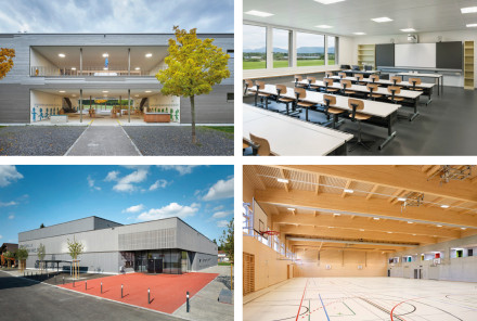 Photomontage présentant quatre bâtiments publics en bois: vue extérieure d’un jardin d’enfants à Aarburg, salle de classe à Rothrist, triple salle de gymnastique à Schötz vue de l’extérieur et de l’intérieur