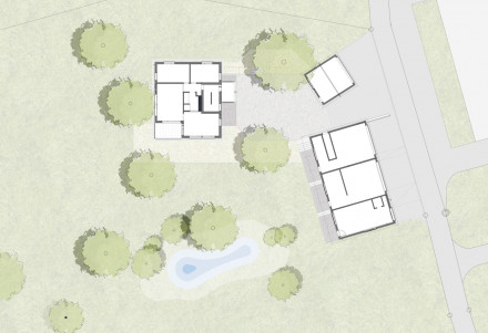 Plan de situation avec maison, remise, grange étang et rue d'accès