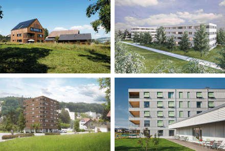 Photomontage de quatre projets immobiliers développés par Renggli: immeuble d’habitation avec des granges à Oberkirch, appartements pour personnes âgées WIA Reiden à Reiden, immeuble d’habitation comprenant des locaux commerciaux à Rudolfstetten, immeuble d’habitation avec atelier à Gümligen