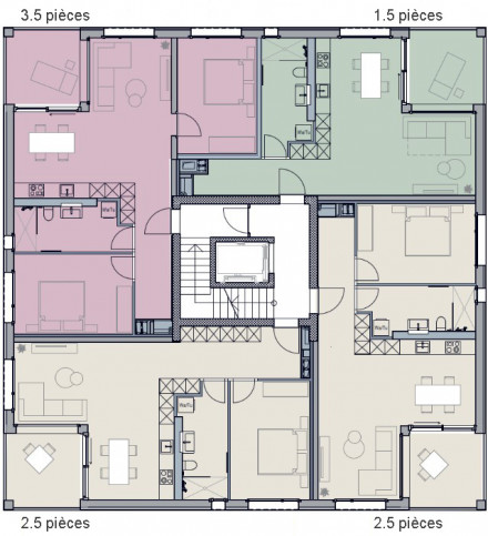 Plans avec cage d’escalier, ascenseur et quatre appartements de 1 ½, 2 ½ et 3 ½ pièces.