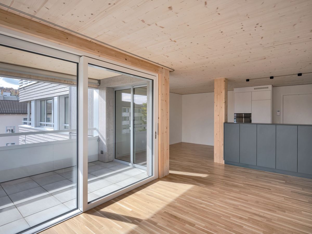 Appartement avec du bois apparentes au plafond, vue sur le balcon avec des portes coulissantes, et en arrière-plan, l'îlot de cuisine vert