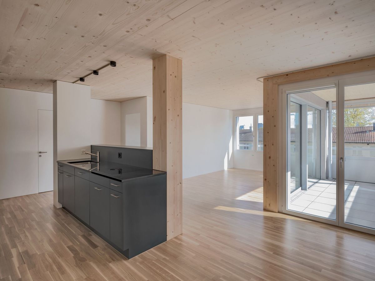 Appartement avec du bois apparentes au plafond, vue sur le balcon avec des portes coulissantes, et en arrière-plan, l'îlot de cuisine vert