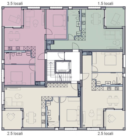 Pianta con appartamenti modulari di 1,5, 2,5 e 3,5 stanze ciascuno