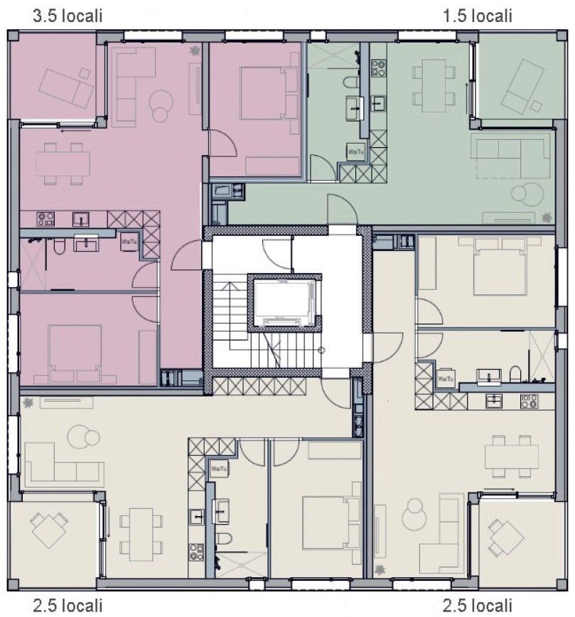 Pianta con appartamenti modulari di 1,5, 2,5 e 3,5 stanze ciascuno